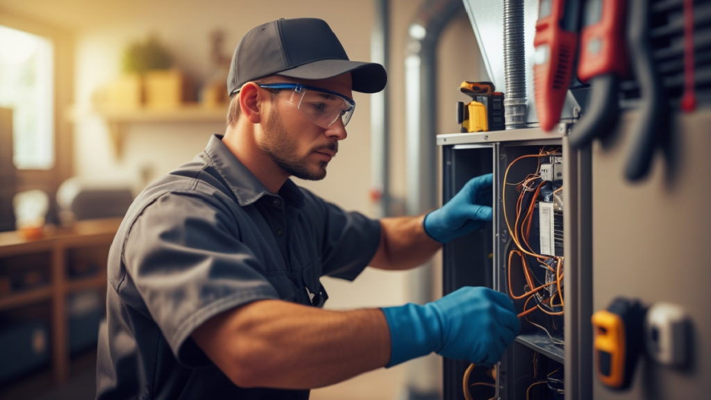 Professional technician doing bryant furnace repair and checking the heating system efficiency