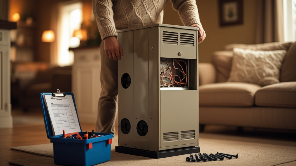 Furnace not blowing hot air – homeowner cleaning air filter to restore heat.