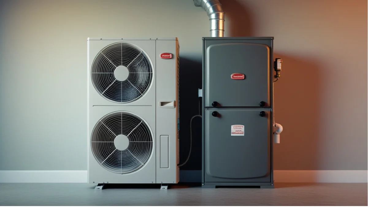 electric heat pump vs natural gas furnace Side-by-side illustration of a modern heat pump (left) and gas furnace (right) with climate zone map. Comparison for U.S. homeowners debating heating systems in 2025: costs, efficiency, and eco impact.