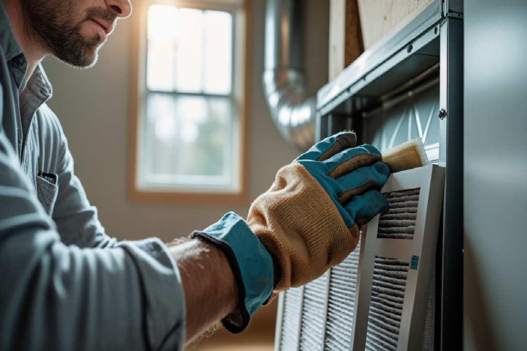 FurnaceRepair HVAC technician performing electrical diagnostics and duct cleaning on residential heating system