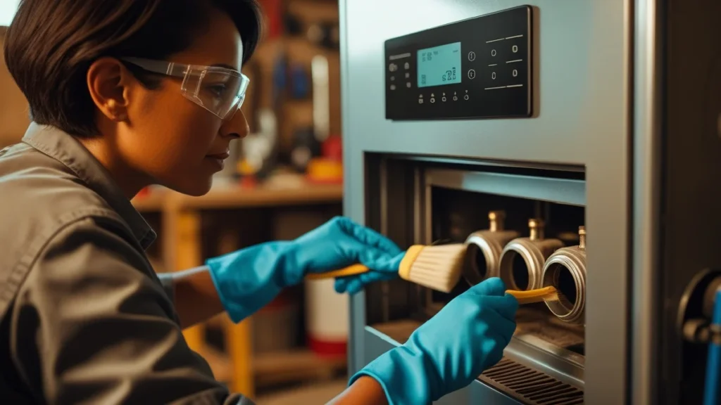 Step-by-step guide showing how to clean burners on a gas furnace with tools and safety equipment for homeowners

