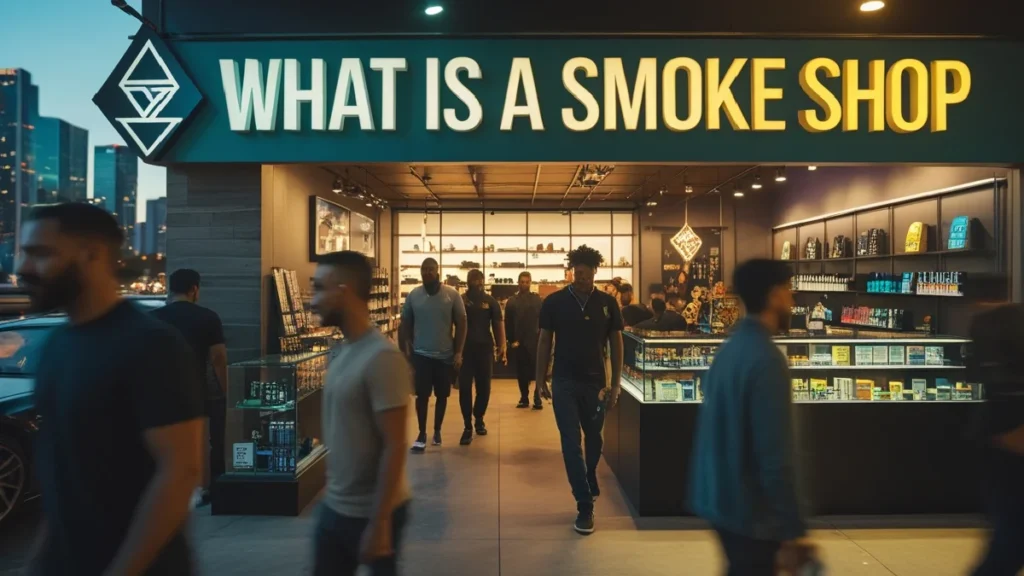 Interior of a modern smoke shpp in the U.S., displaying disposable vapes, e-liquids, a cigar humidor, rolling papers, glass bongs and water pipes, hookah shisha flavors, and CBD products.